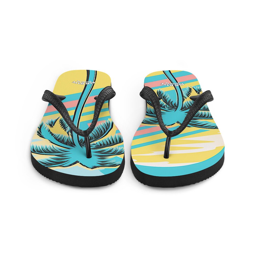 Emerald  Blossoms - Retro Yellow Blue Faded Palm Tree Flip Flops Colorful 