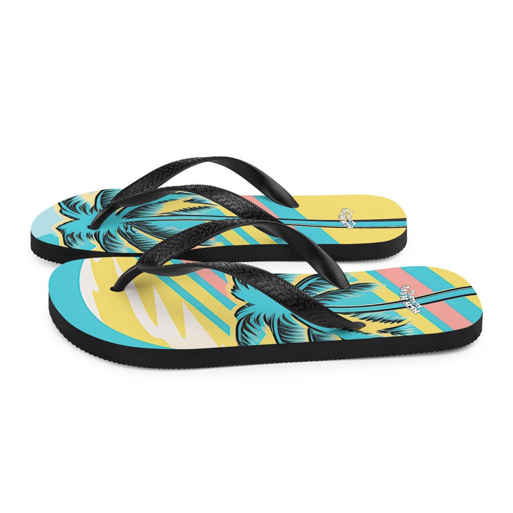 Emerald  Blossoms - Retro Yellow Blue Faded Palm Tree Flip Flops Colorful 