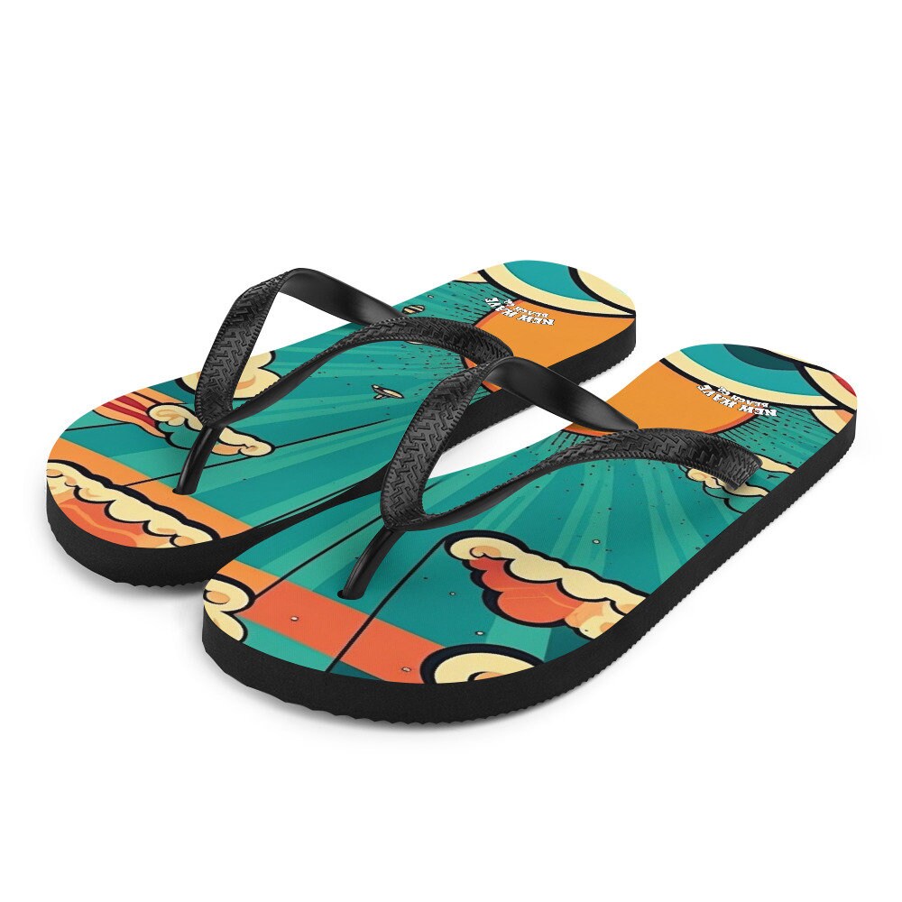 Emerald  Blossoms - Retro Cartoon Sunshine Sky Flip Flops Colorful 