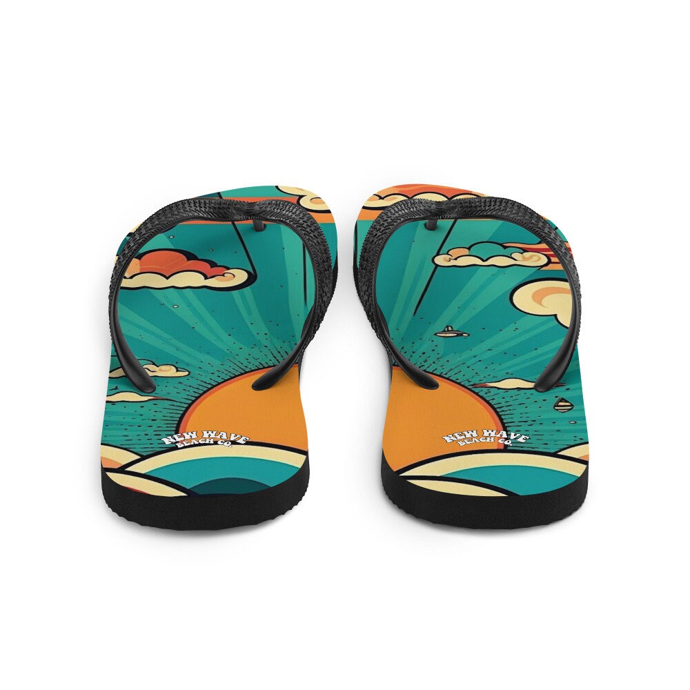 Emerald  Blossoms - Retro Cartoon Sunshine Sky Flip Flops Colorful 