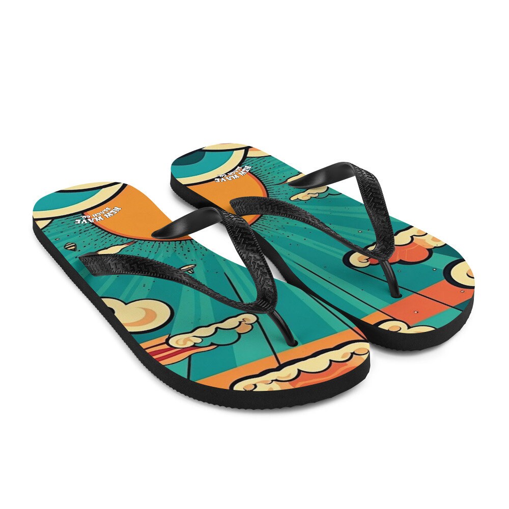 Emerald  Blossoms - Retro Cartoon Sunshine Sky Flip Flops Colorful 