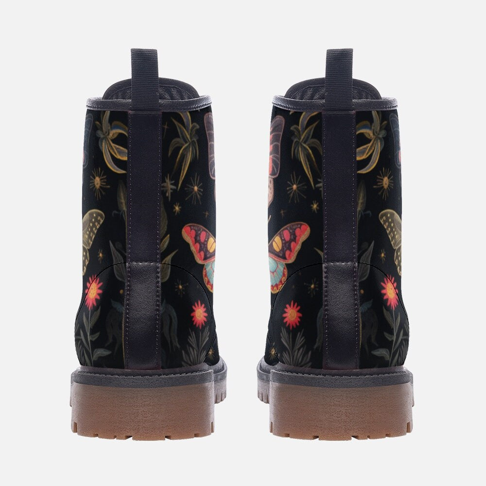 Emerald Blossoms - Dark Butterflies Boots, Fairy Grunge Vegan Leather Combat Boots For Hippies