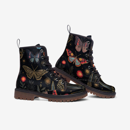 Emerald Blossoms - Dark Butterflies Boots, Fairy Grunge Vegan Leather Combat Boots For Hippies