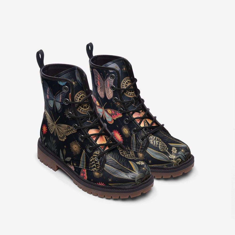 Emerald Blossoms - Dark Butterflies Boots, Fairy Grunge Vegan Leather Combat Boots For Hippies