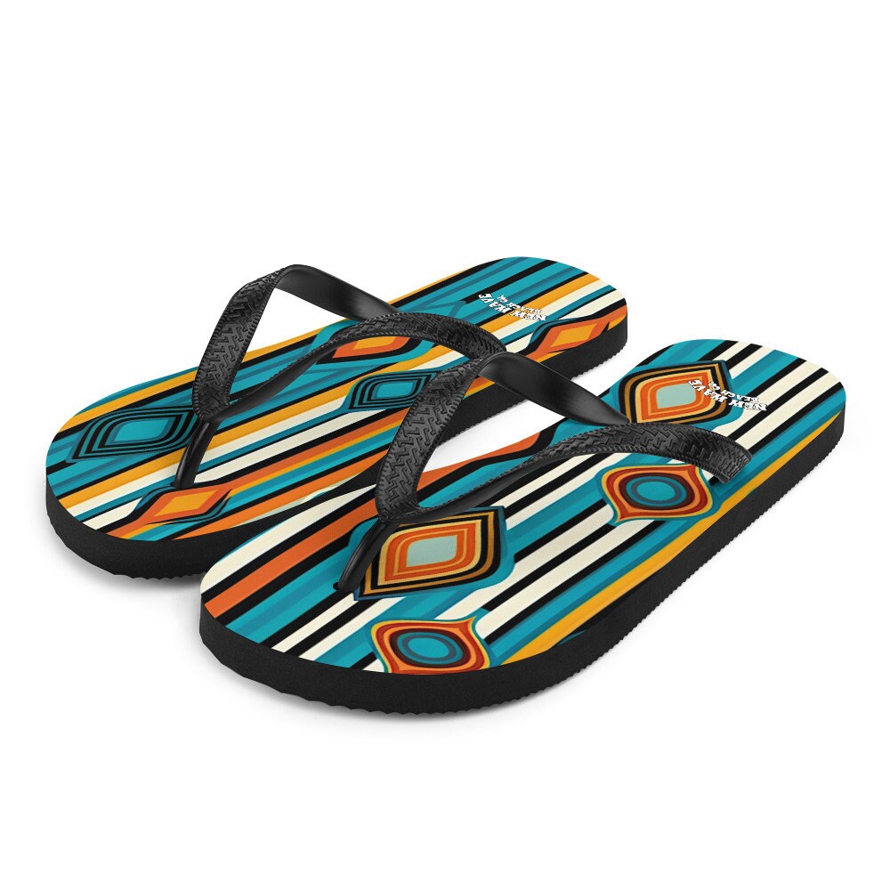 Emerald  Blossoms - Retro Yellow Blue Orange Striped Flip Flops Colorful 