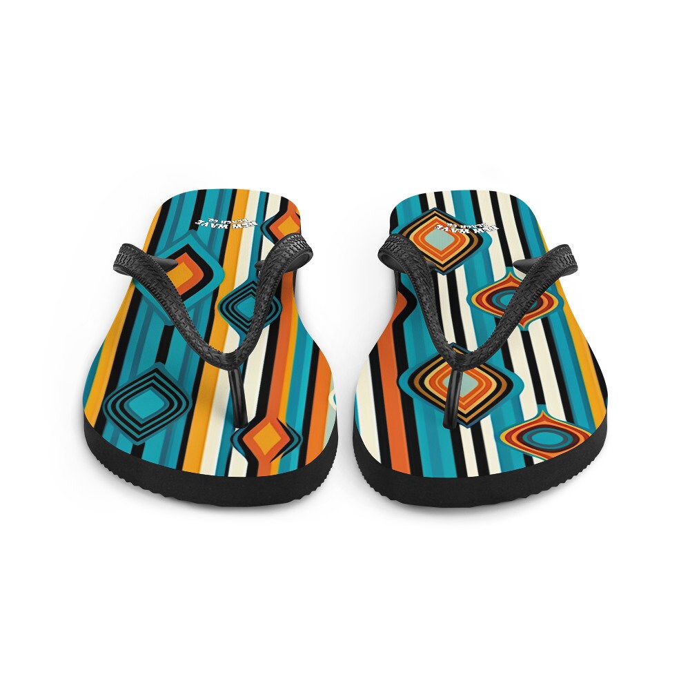 Emerald  Blossoms - Retro Yellow Blue Orange Striped Flip Flops Colorful 