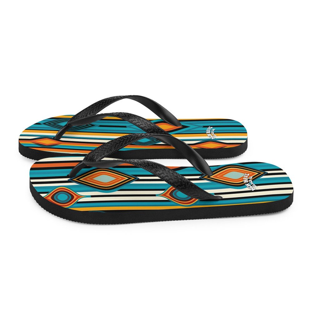 Emerald  Blossoms - Retro Yellow Blue Orange Striped Flip Flops Colorful 