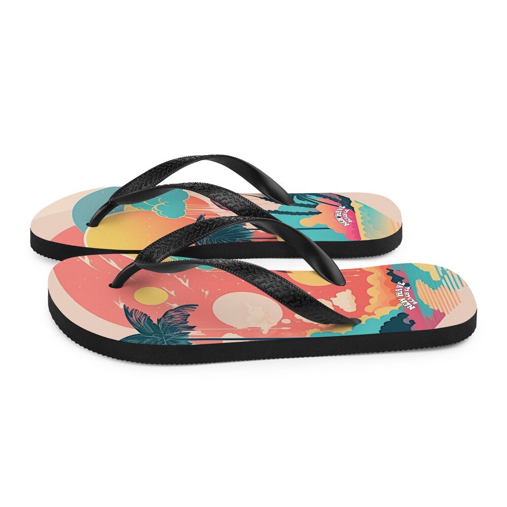 Emerald  Blossoms - Pink Faded Retro Tropical Beach Palms Flip Flops Colorful 