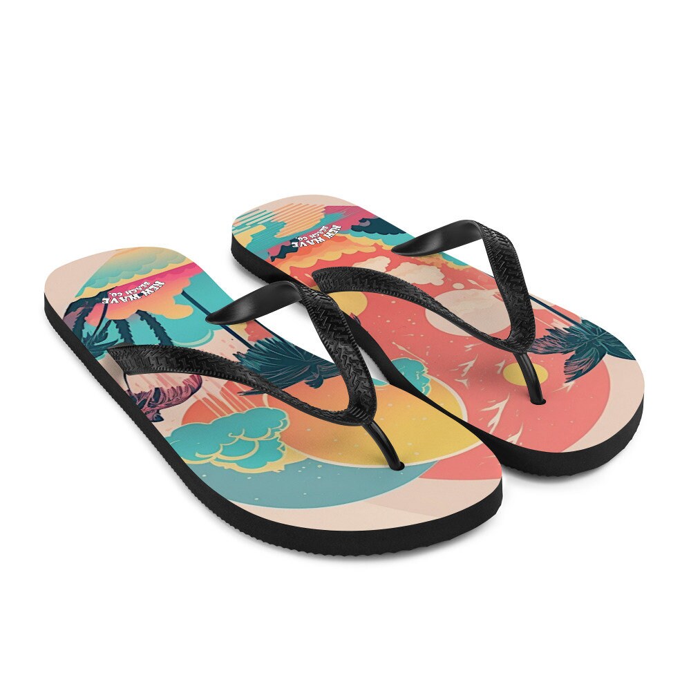 Emerald  Blossoms - Pink Faded Retro Tropical Beach Palms Flip Flops Colorful 