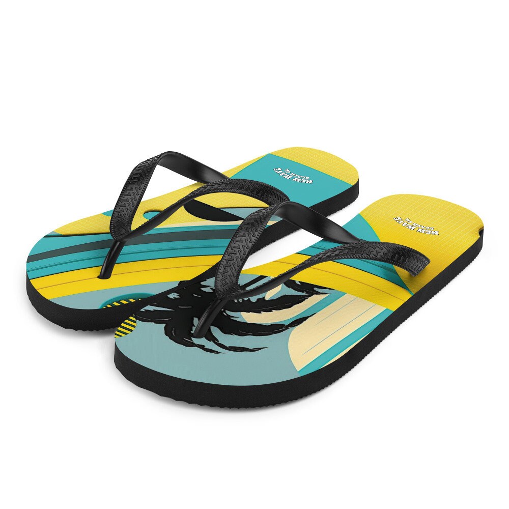 Emerald  Blossoms - Abstract Yellow Blue Palm Tree Flip Flops Colorful 