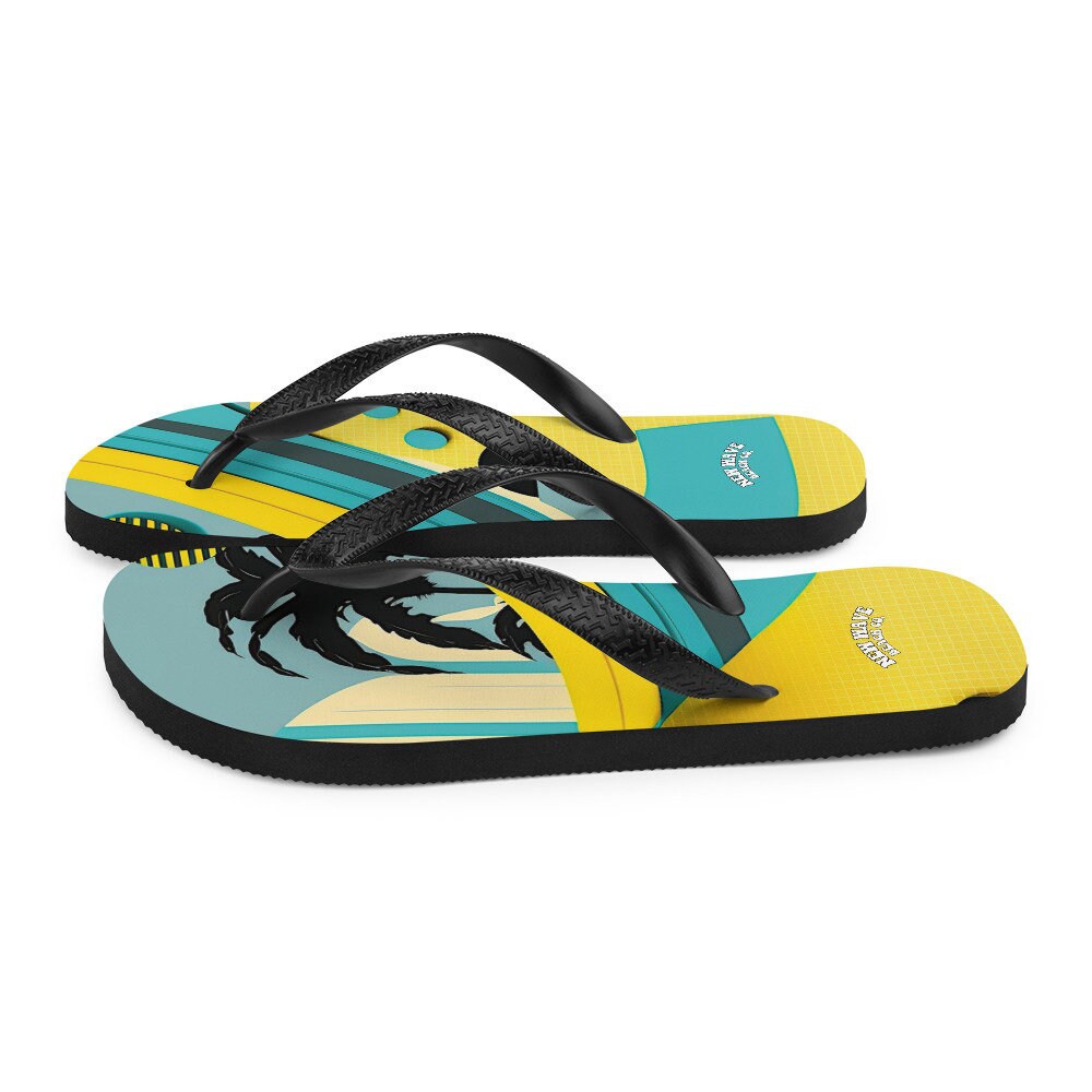 Emerald  Blossoms - Abstract Yellow Blue Palm Tree Flip Flops Colorful 