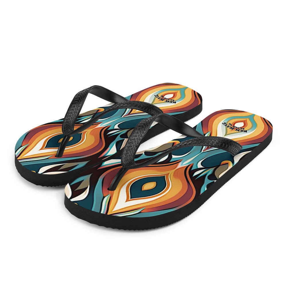 Emerald  Blossoms - Retro Ikat Yellow Blue Orange Flip Flops Colorful 