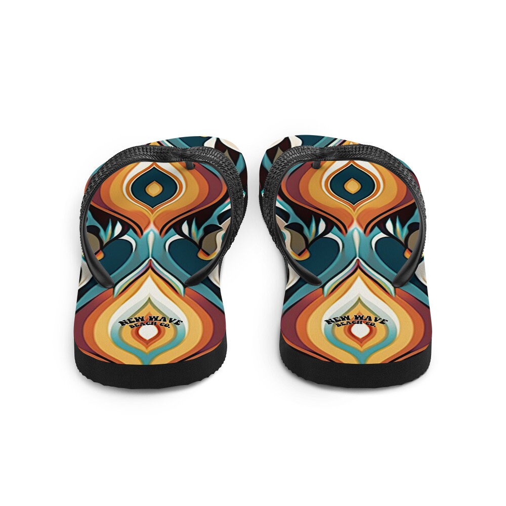 Emerald  Blossoms - Retro Ikat Yellow Blue Orange Flip Flops Colorful 