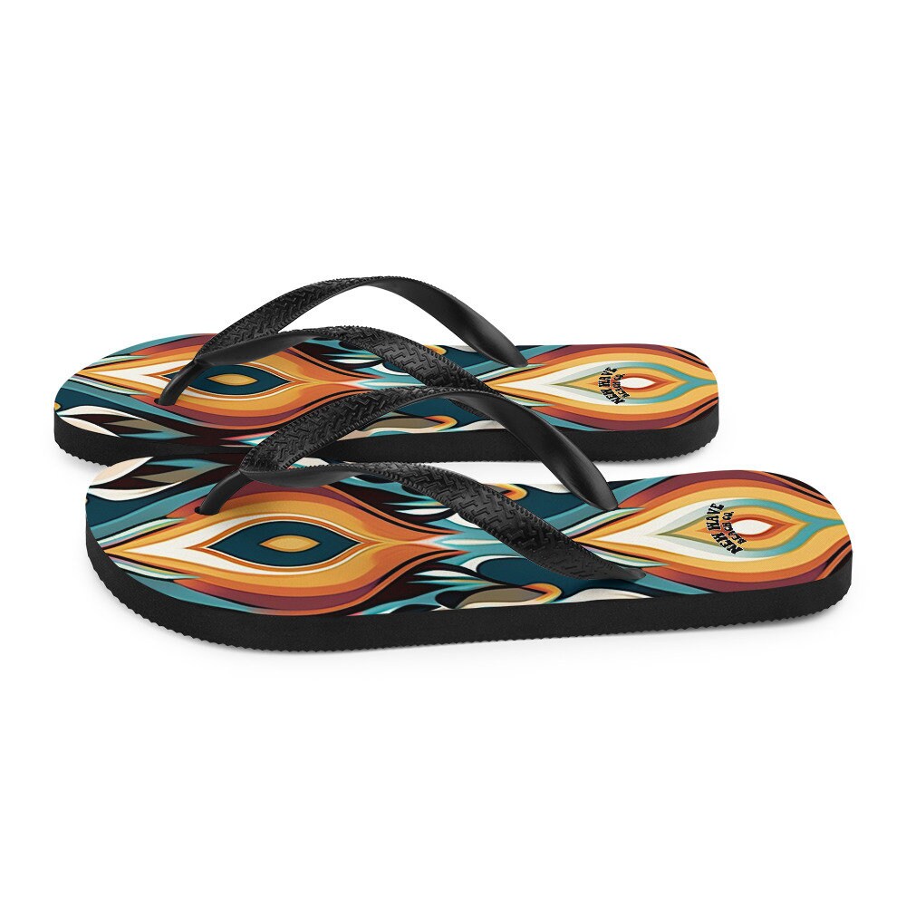 Emerald  Blossoms - Retro Ikat Yellow Blue Orange Flip Flops Colorful 