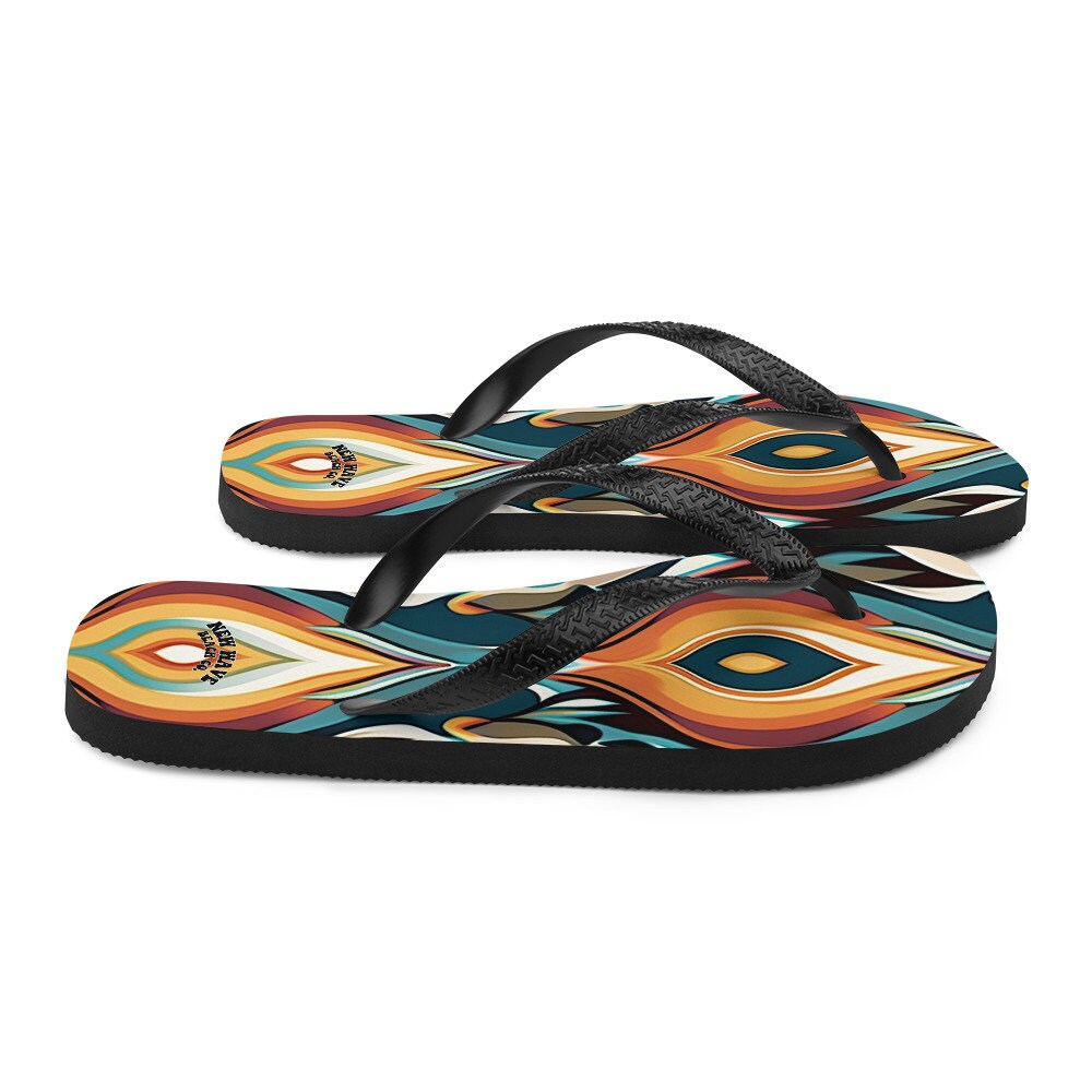 Emerald  Blossoms - Retro Ikat Yellow Blue Orange Flip Flops Colorful 