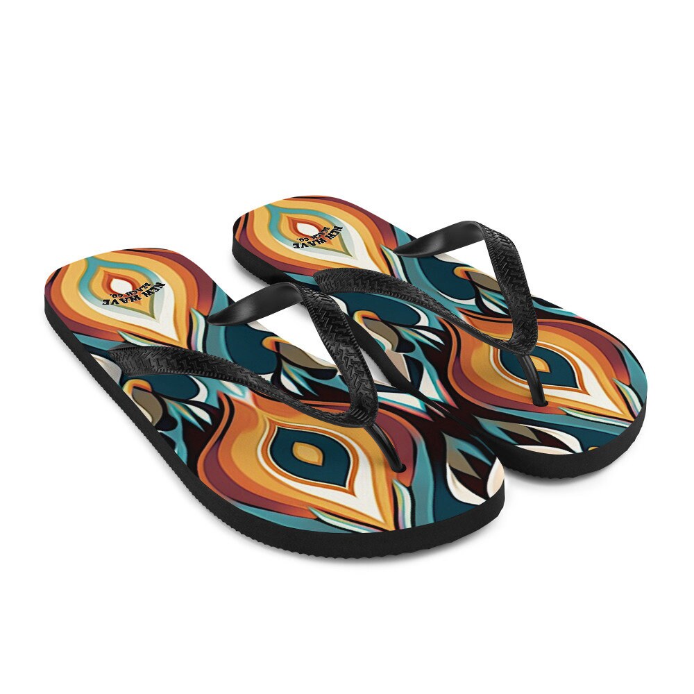 Emerald  Blossoms - Retro Ikat Yellow Blue Orange Flip Flops Colorful 