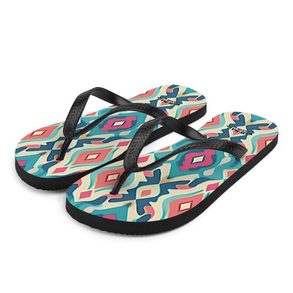 Emerald  Blossoms - Retro Ikat Pink Blue Flip Flops Colorful 