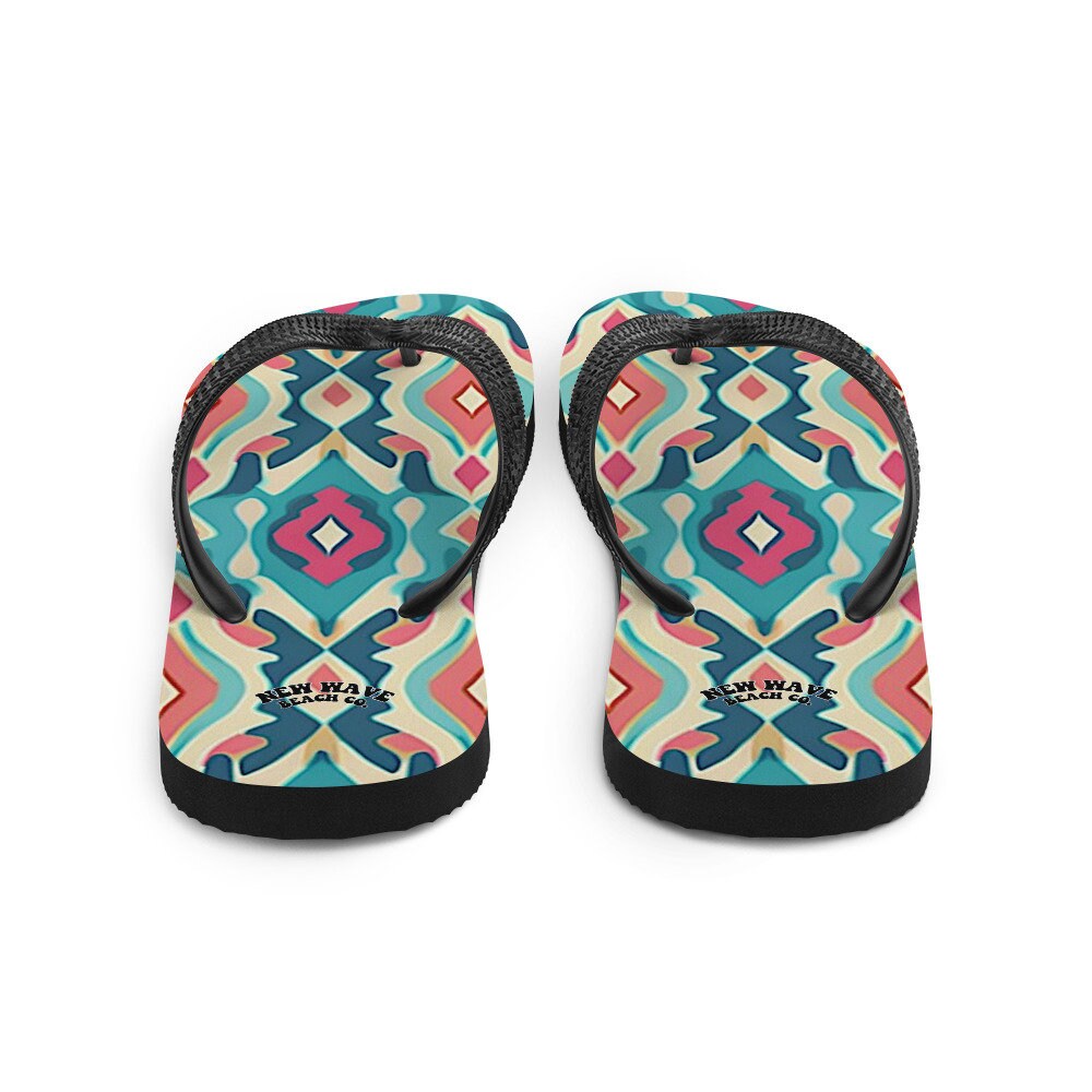 Emerald  Blossoms - Retro Ikat Pink Blue Flip Flops Colorful 