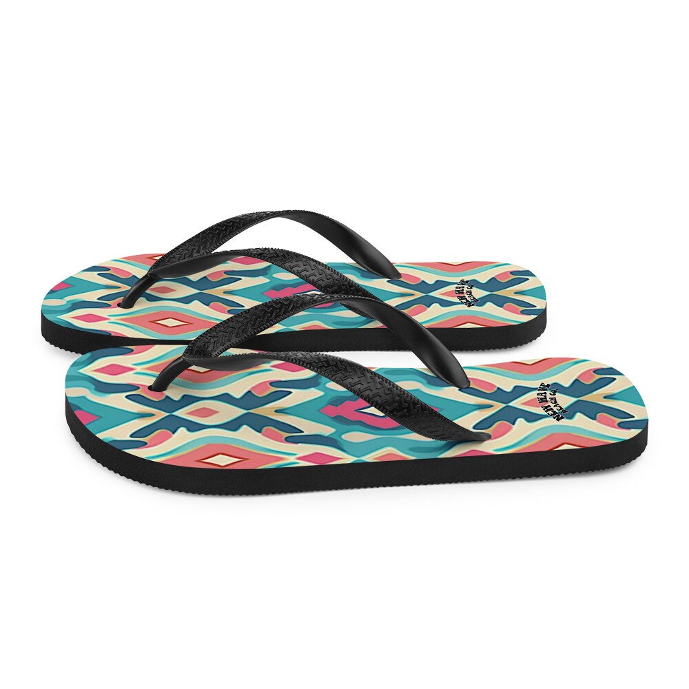 Emerald  Blossoms - Retro Ikat Pink Blue Flip Flops Colorful 