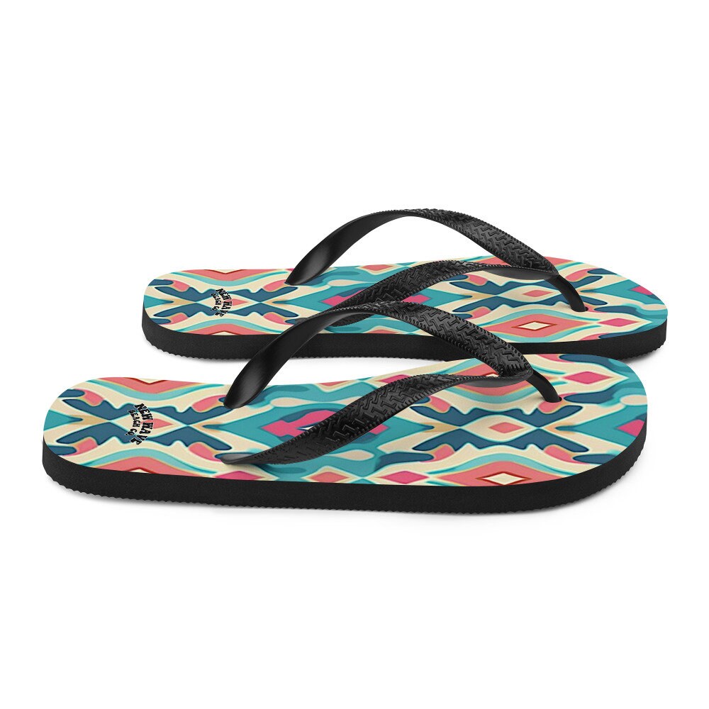 Emerald  Blossoms - Retro Ikat Pink Blue Flip Flops Colorful 