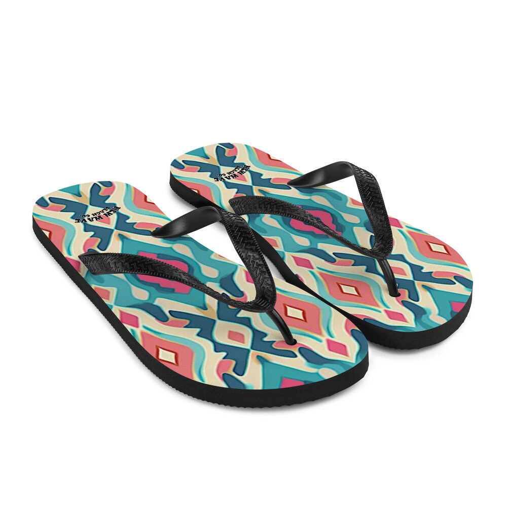 Emerald  Blossoms - Retro Ikat Pink Blue Flip Flops Colorful 