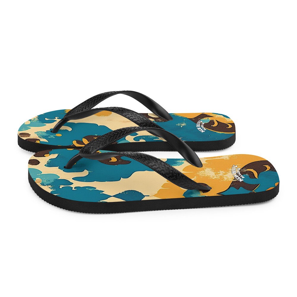 Emerald  Blossoms - Retro Faded Ikat Yellow Blue Flip Flops Colorful 