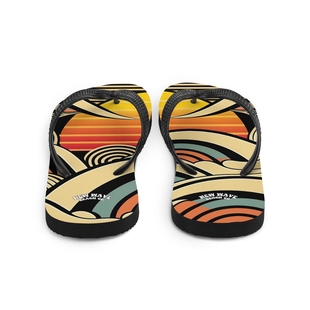 Emerald  Blossoms - Abstract Retro Cartoon Sunset Beach Flip Flops Colorful 