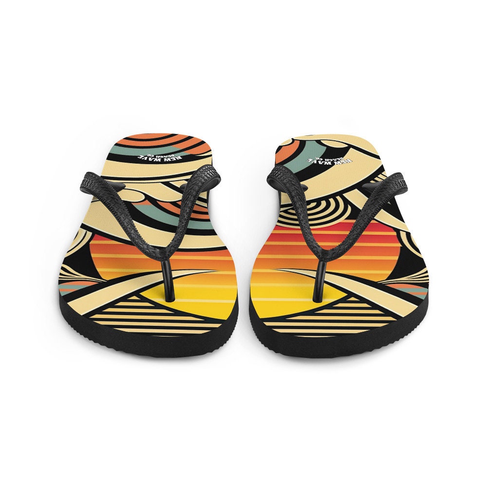 Emerald  Blossoms - Abstract Retro Cartoon Sunset Beach Flip Flops Colorful 