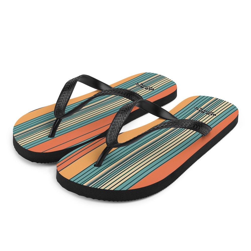 Emerald  Blossoms - Mikey P’s Orange Blue Retro Striped Flip Flops Colorful 