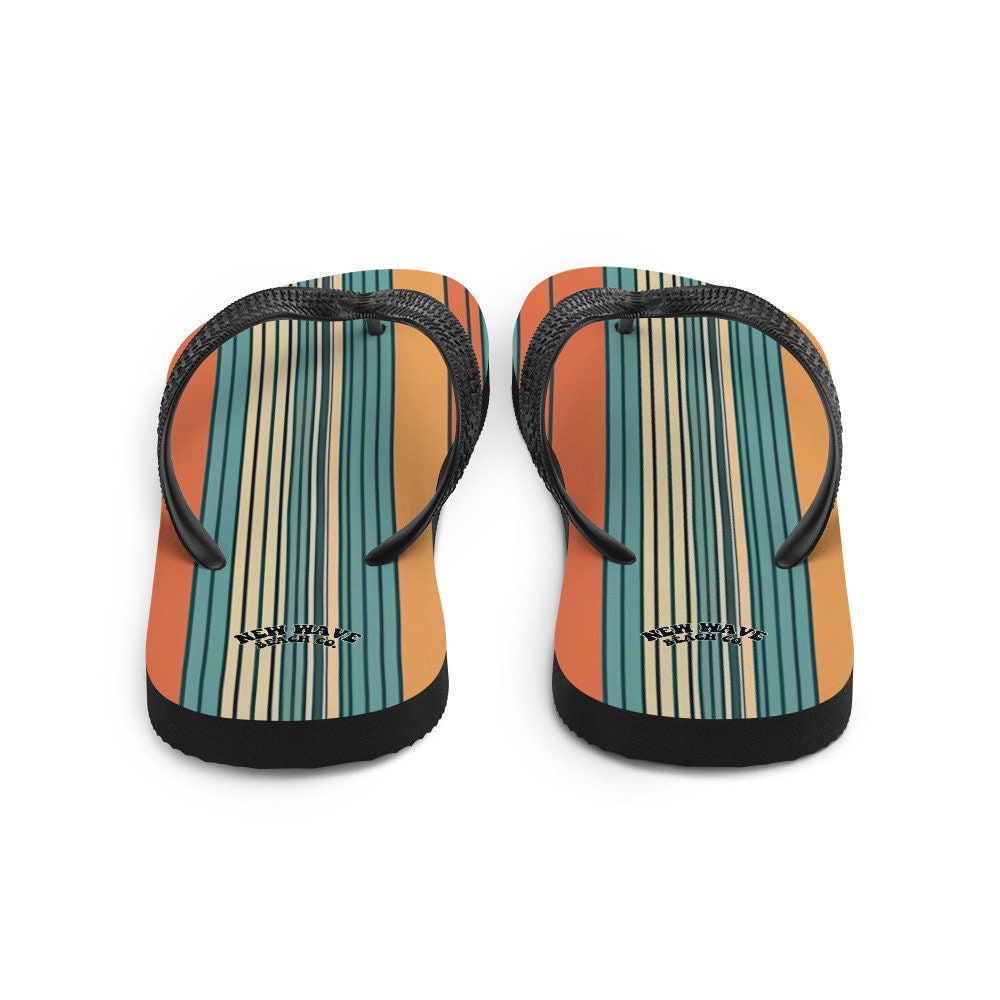 Emerald  Blossoms - Mikey P’s Orange Blue Retro Striped Flip Flops Colorful 