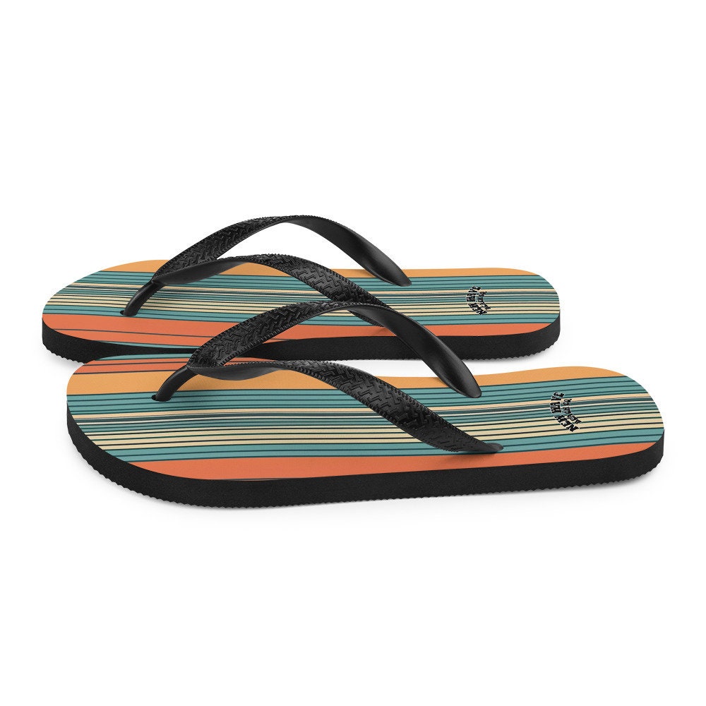 Emerald  Blossoms - Mikey P’s Orange Blue Retro Striped Flip Flops Colorful 