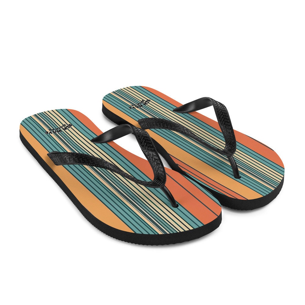 Emerald  Blossoms - Mikey P’s Orange Blue Retro Striped Flip Flops Colorful 