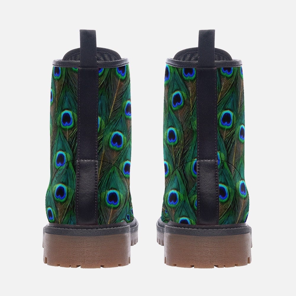 Emerald Blossoms  - Peacock Feathers Vegan Leather Boots Gorgeous Bright Blues And Greens