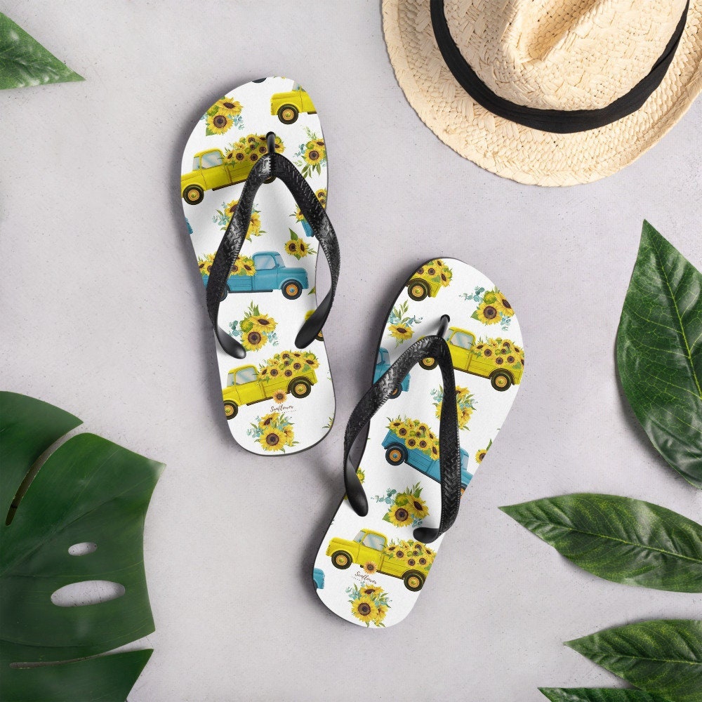 Emerald  Blossoms - Sunflower Pick-up Truck Flip-Flops