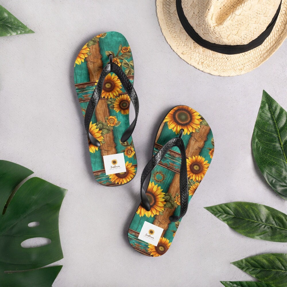 Emerald  Blossoms - Turquoise and Sunflowers Flip-Flops