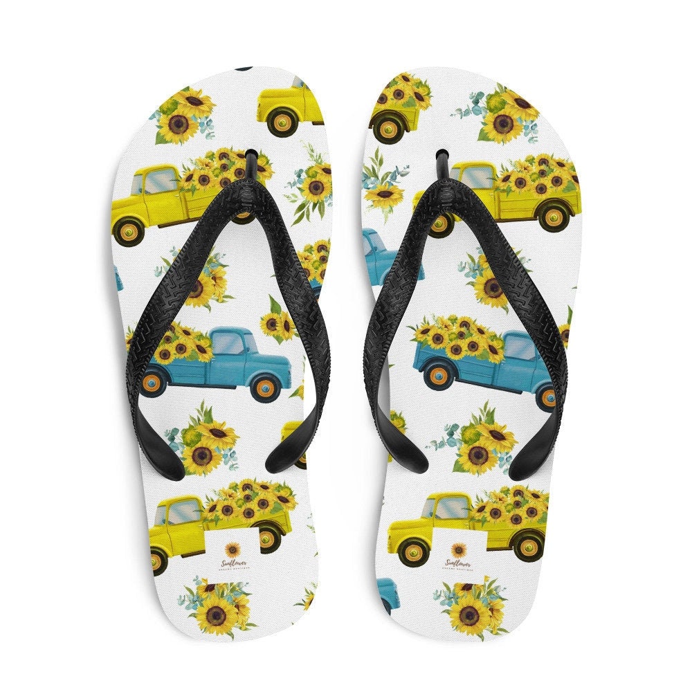 Emerald  Blossoms - Vintage Truck with Sunflowers Flip-Flops