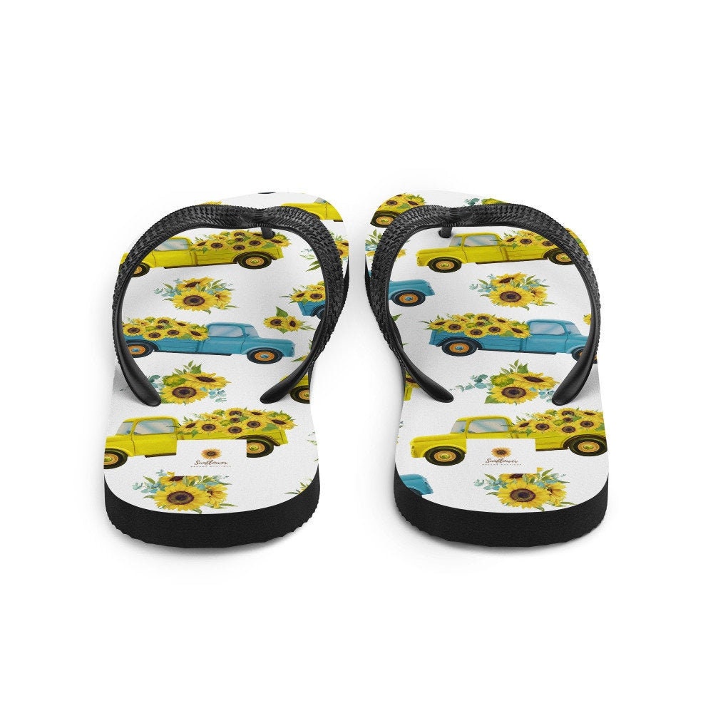 Emerald  Blossoms - Vintage Truck with Sunflowers Flip-Flops