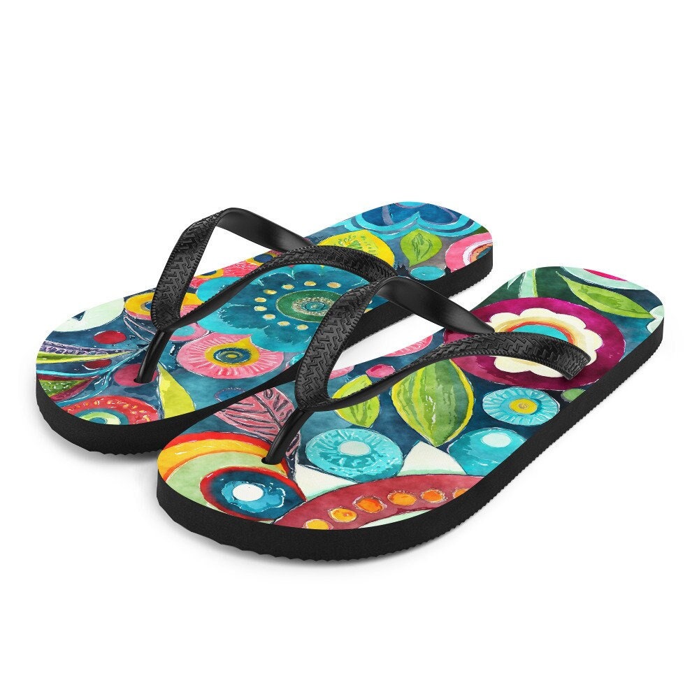 Emerald  Blossoms - Boho Flower Print Flip-Flops