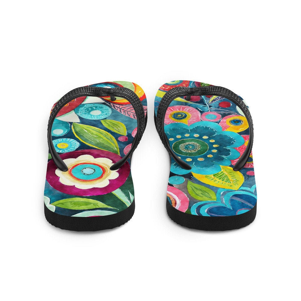 Emerald  Blossoms - Boho Flower Print Flip-Flops