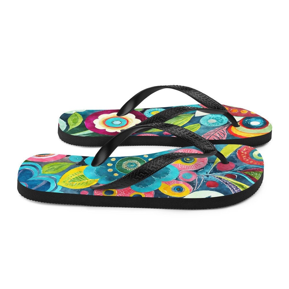 Emerald  Blossoms - Boho Flower Print Flip-Flops