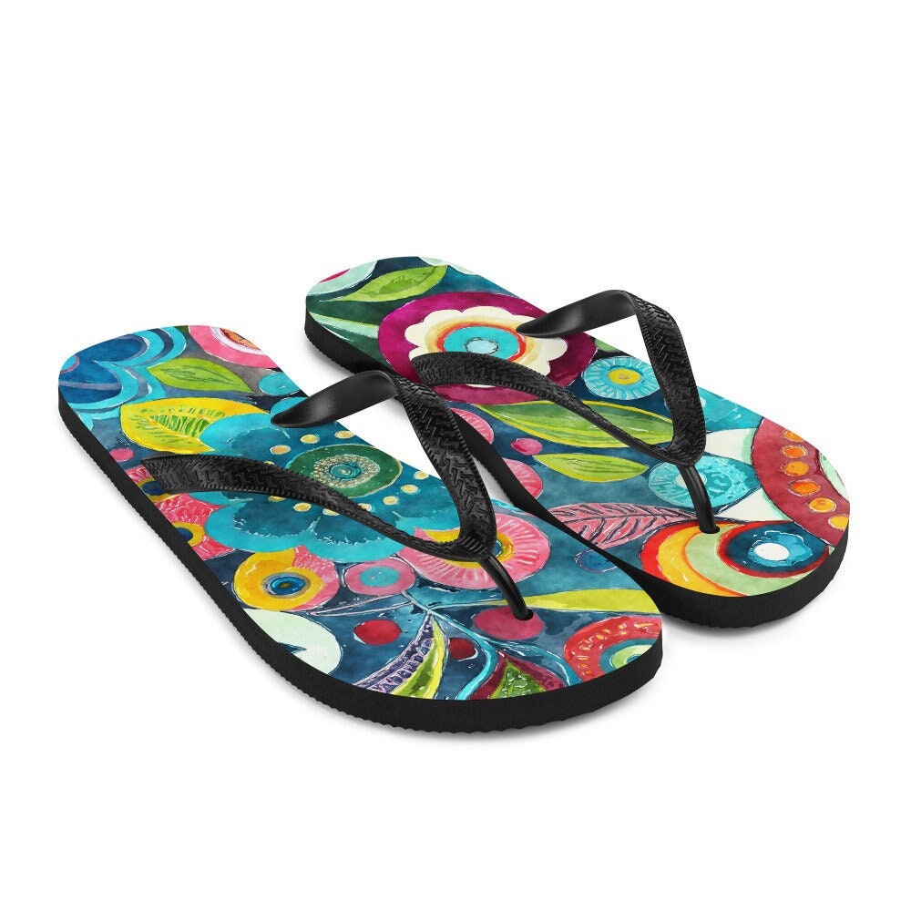 Emerald  Blossoms - Boho Flower Print Flip-Flops