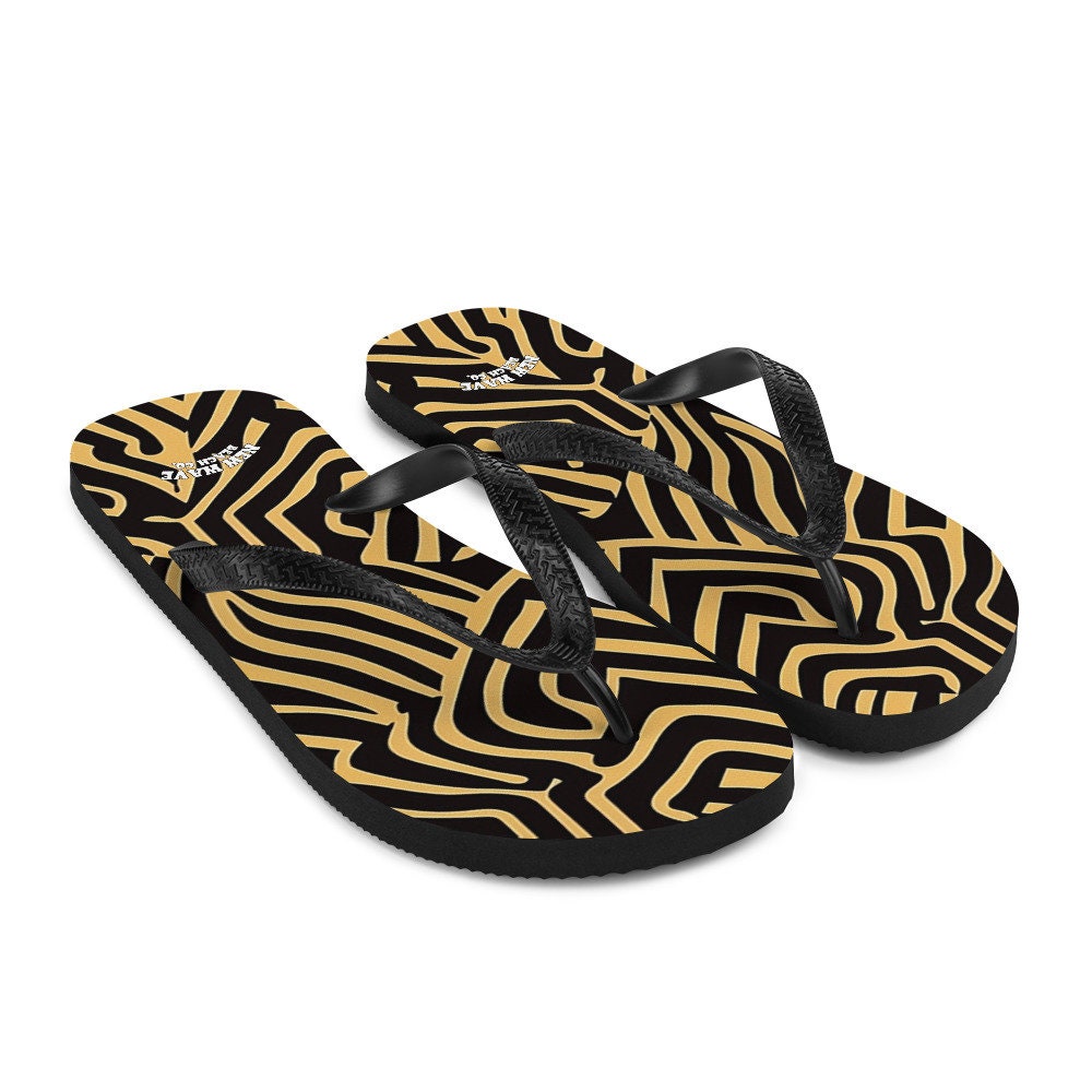 Emerald  Blossoms - Art Deco Animal Print Brown Black Flip Flops Footwear Thong Sandals Summer Woman Men Beach Print Rubber Slip On Shoes