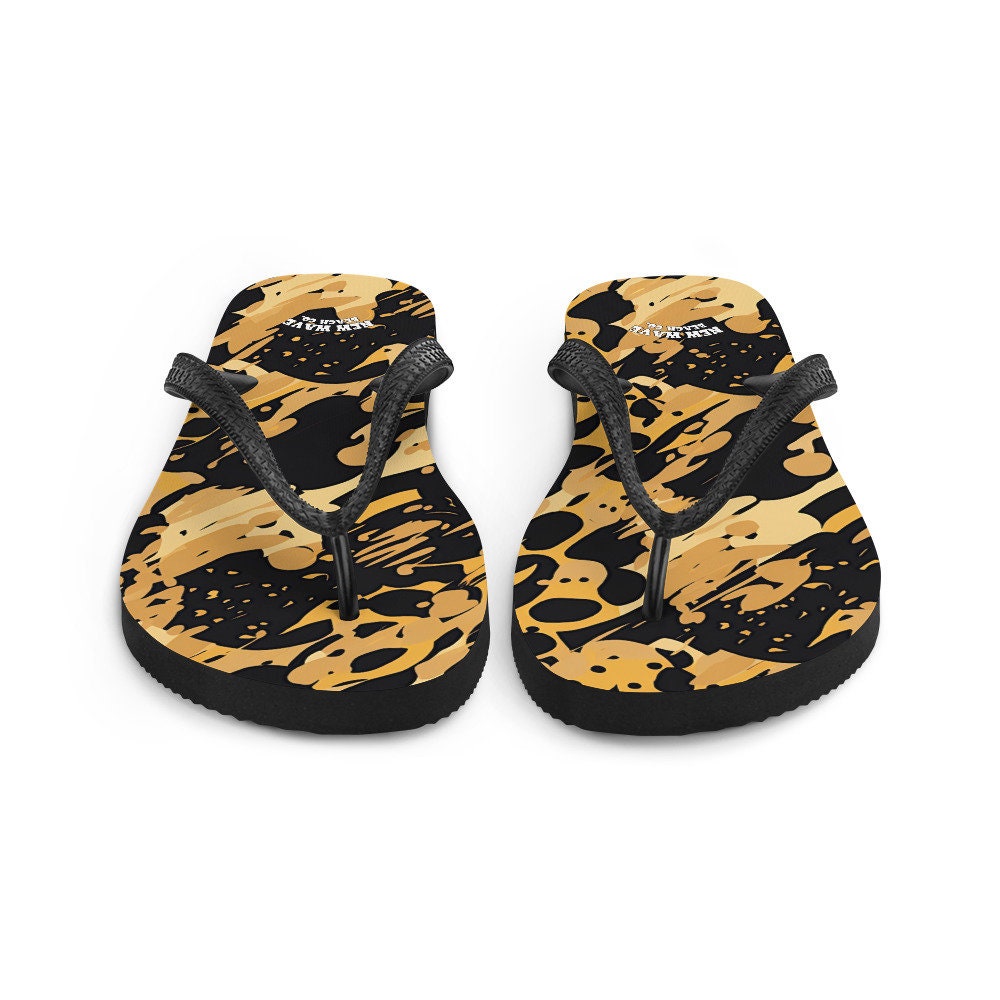 Emerald  Blossoms - Splatter Paint Animal Print Brown Black Flip Flops