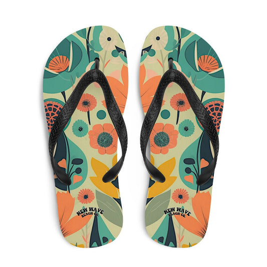 Emerald  Blossoms - Blue Orange Retro Vintage Spring Flowers Flip Flops Colorful 