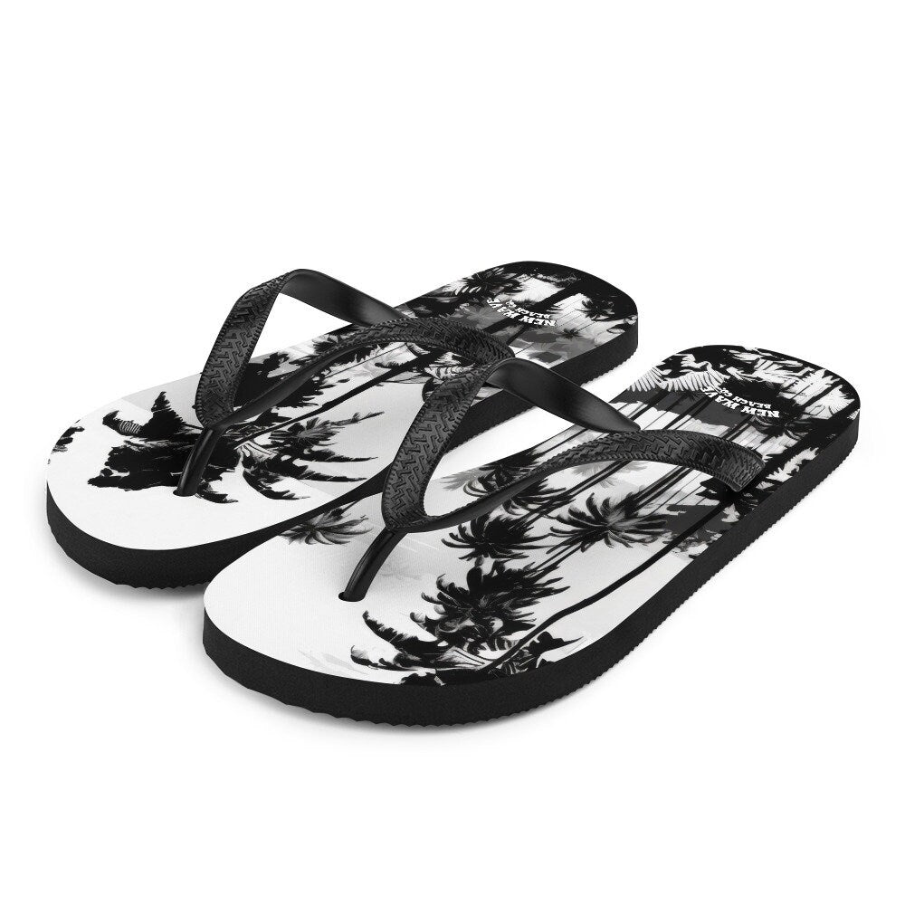 Emerald  Blossoms - Black White Inky Faded Photo Island Palm Tree Flip Flops 