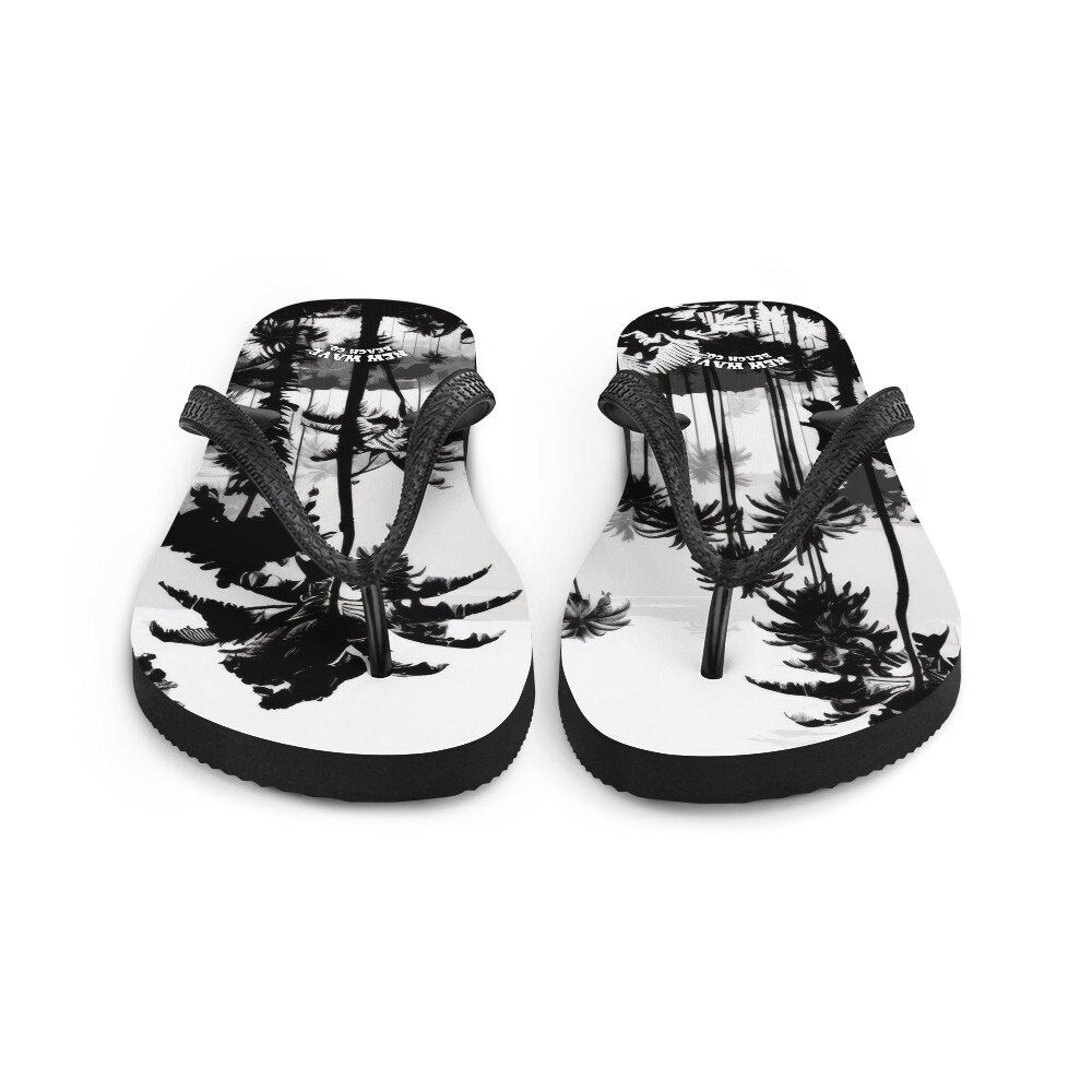 Emerald  Blossoms - Black White Inky Faded Photo Island Palm Tree Flip Flops 