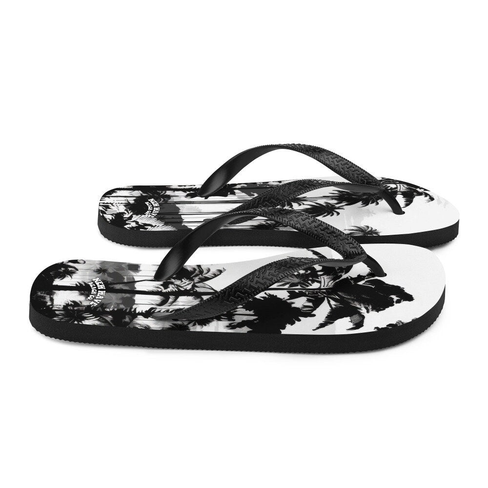 Emerald  Blossoms - Black White Inky Faded Photo Island Palm Tree Flip Flops 