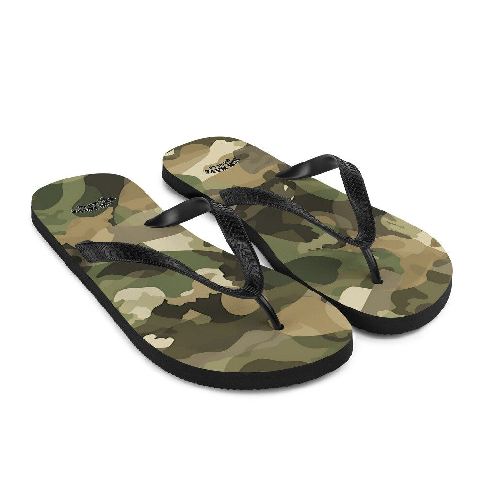 Emerald  Blossoms - Green and Brown Camo Camouflage Print Flip Flops Colorful 