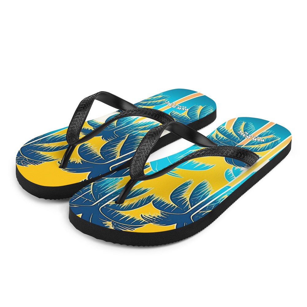 Emerald  Blossoms - Retro Yellow Blue Tropical Palm Trees Flip Flops Colorful 