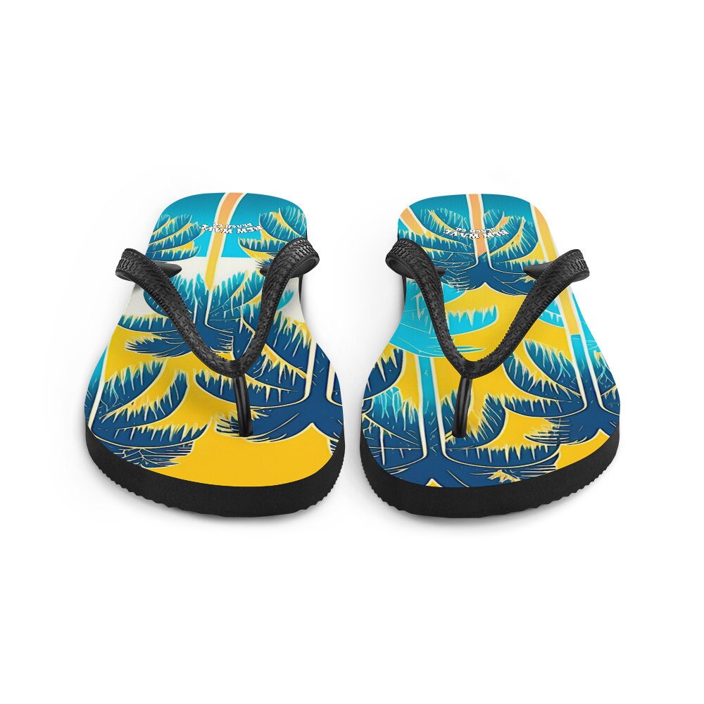 Emerald  Blossoms - Retro Yellow Blue Tropical Palm Trees Flip Flops Colorful 